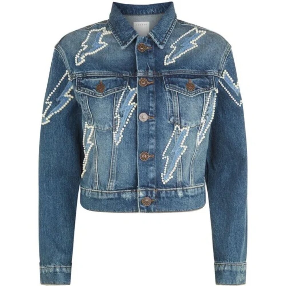 Sandro Paris Cropped Denim Jacket with Lightning NEW without tag Size 34